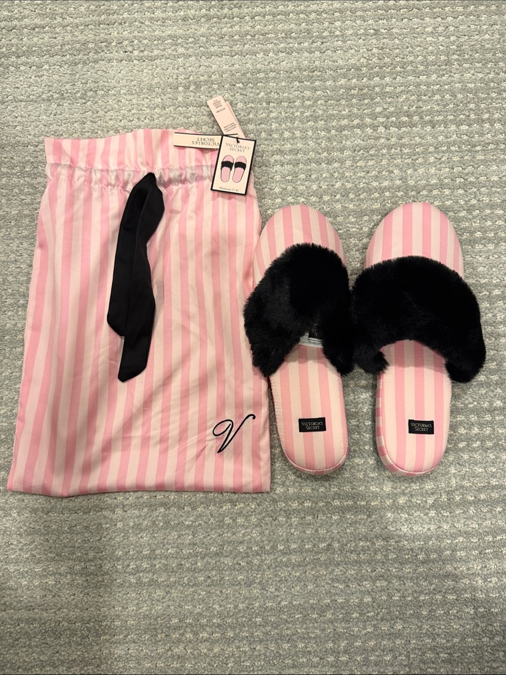 Victoria's Secret Pink & White Striped Fur-Trim Slide Slippers